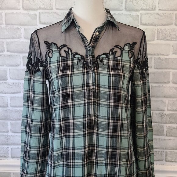 Guess Blue Plaid Drop Waist Dress Oversized Sheer Shoulder Western Grunge XS - Picture 2 of 8
